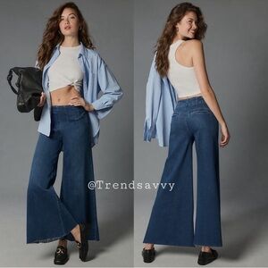 Pilcro Dark Wash High Rise Trapeze Wide Leg Jeans Size 26 Raw Hem Stretch Denim